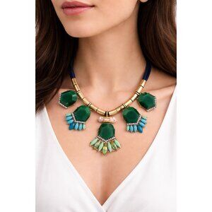 J. Crew Green & Blu Faceted Stone Boho Statement Bib Necklace Antiqued Gold Tone